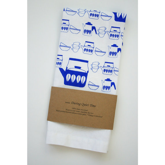 White Linen Tea Towel, "Vintage Collection" in Blue